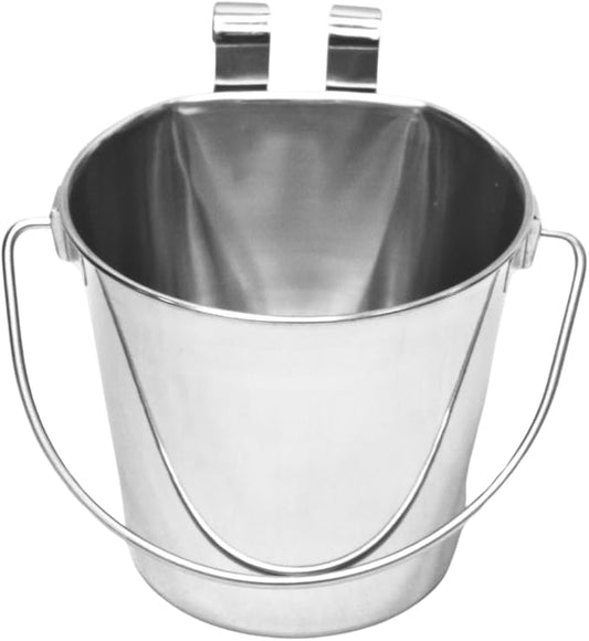 1 quart Stainless Steel Flat Sided Bucket with Dual Hooks | 0.25 gal Durable Food & Water Bowl for Dog Cat Bird & Small Animals | Fits kennel Cage Critter Crate | Hanging Utility Pet Pail
