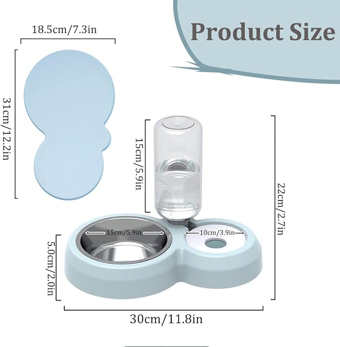 Double Dog Cat Bowls, Pets Food and Water Bowl Set with Automatic Water Dispenser and Stainless Steel Bowl Silicone Dog Bowl Mat, Gravity Feeder for Cats and Small Dogs Puppies (Blue)