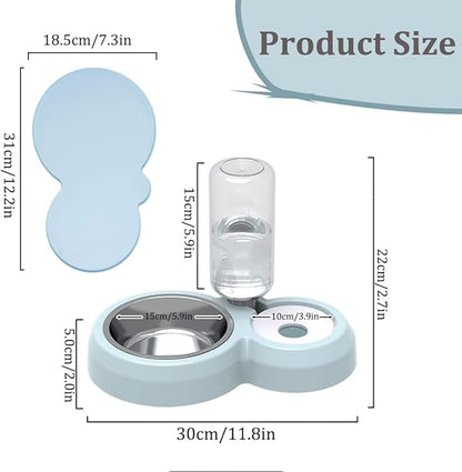 Double Dog Cat Bowls, Pets Food and Water Bowl Set with Automatic Water Dispenser and Stainless Steel Bowl Silicone Dog Bowl Mat, Gravity Feeder for Cats and Small Dogs Puppies (Blue)