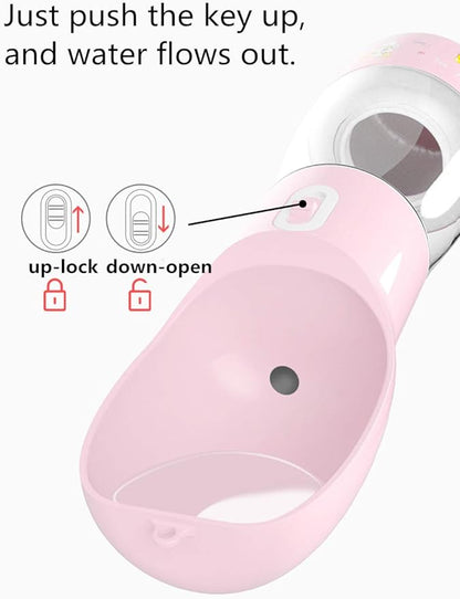 Portable Dog Water Bottle - Leak Proof Dog Water Dispenser with Bowl & Food Container, Dishwasher Safe Food Grade Plastic for Pet Puppy Outdoor Walking Hiking Travel Pink