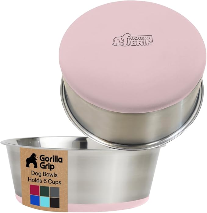 GORILLA GRIP Dog Bowls, Food Grade 304 Stainless Steel, Holds 6 Cups Each (48 fl oz) Food and Water Bowl for Feeding Dogs and Cats, Dishwasher Safe, Rust Resistant, BPA Free Rubber Base Set of 2 Pink