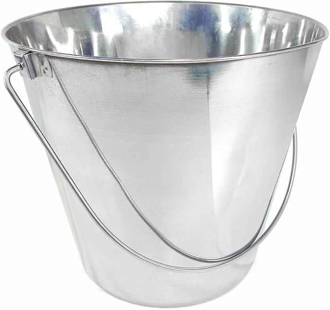 Heavy Duty Stainless Steel Bucket 13 Quart - 3 Gallon Flat Side Metal Bucket for Feeding & Watering Pets, Livestock & Cleaning - Perfect for Crates, Kennels, Cages & Hang on Fences