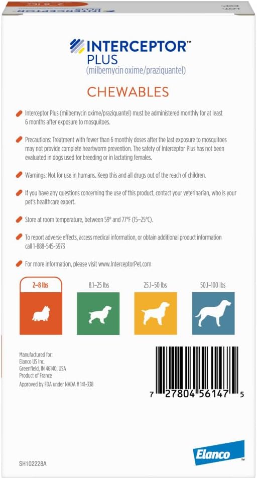 Interceptor Plus Prevention for Heartworm + 4 Other Worms for Dogs 2-8 lbs. | 12 Chews, 12-Month Supply