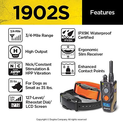 Dogtra 1902S 2-Dogs Remote Training Collar - 3/4 Mile Range, IPX9K Waterproof, Rechargeable, 127 Training Levels, Vibration - Includes PetsTEK Dog Training Clicker