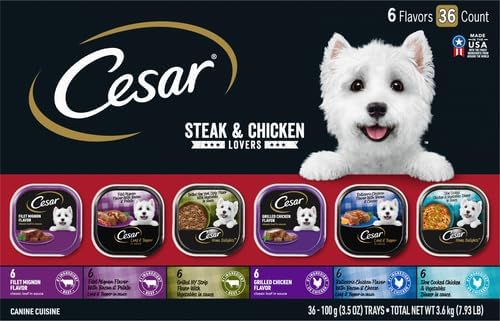 Cesar Wet Dog Food Steak and Chicken Lovers Variety Pack,Adult,Wet Food for Dogs with Real Beef or Chicken,3.5 oz Easy Peel Trays,36 Count (Pack of 2)