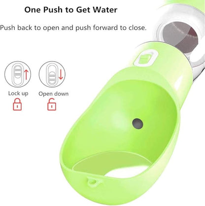Portable Dog Water Bottle - Leak Proof Dog Water Dispenser with Bowl & Food Container, Dishwasher Safe Food Grade Plastic for Pet Puppy Outdoor Walking Hiking Travel Green