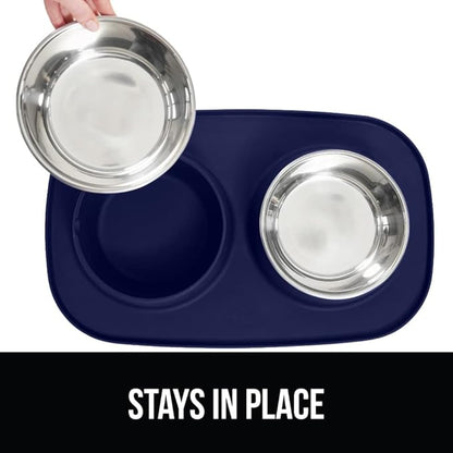 GORILLA GRIP Feeding Mat Bowl Set, 3 Cup 100% Waterproof BPA Free Silicone, 304 Stainless Steel Cat and Dog Bowls for Food and Water, Slip Resistant, High Edge, US Designed, Patent Pending, Navy Blue