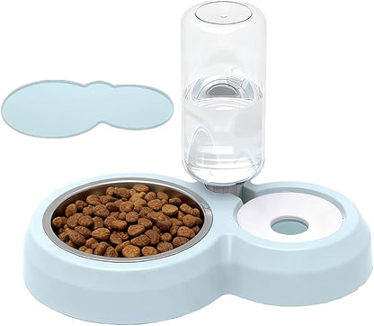 Double Dog Cat Bowls, Pets Food and Water Bowl Set with Automatic Water Dispenser and Stainless Steel Bowl Silicone Dog Bowl Mat, Gravity Feeder for Cats and Small Dogs Puppies (Sky Blue)