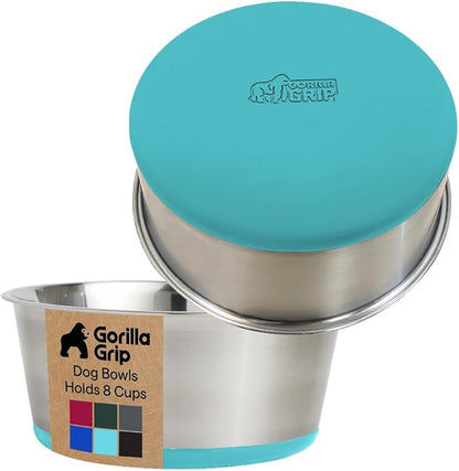 GORILLA GRIP Dog Bowls, Food Grade 304 Stainless Steel Holds 8 Cups Each (64 fl oz) Food and Water Bowl for Feeding Dogs and Cats Dishwasher Safe Rust Resistant BPA Free Rubber Base Set of 2 Turquoise