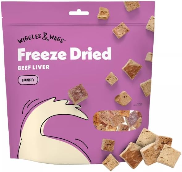 Wiggles & Wags Freeze Dried Beef Liver Crunchy Dog Treats 1-5 OZ Bag. Plus Bone Shaped Dispenser Colors Vary & Waste Roll