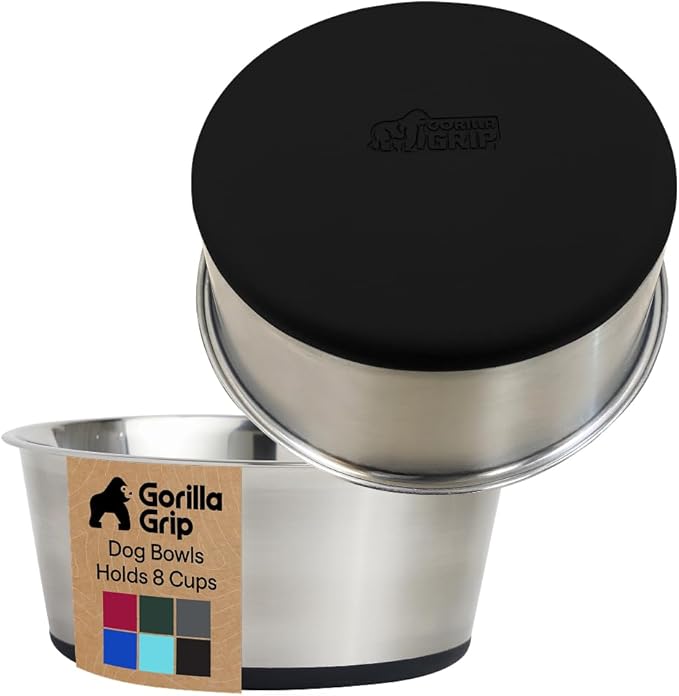 GORILLA GRIP Dog Bowls, Food Grade 304 Stainless Steel, Holds 8 Cups Each (64 fl oz) Food and Water Bowl for Feeding Dogs and Cats, Dishwasher Safe, Rust Resistant, BPA Free Rubber Base Set of 2 Black