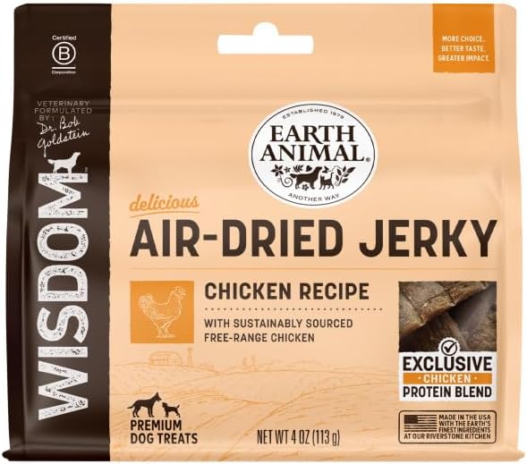 Earth Animal Wisdom Air Dried Jerky - Chicken Recipe Premium Natural Jerky Strips Dog Treats - 4 oz Bag