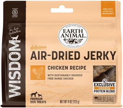 Earth Animal Wisdom Air Dried Jerky - Chicken Recipe Premium Natural Jerky Strips Dog Treats - 4 oz Bag