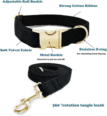 Love Dream Velvet Dog Collar and Leash Set, Soft & Comfy Adjustable Dog Leash and Collar with Heavy Duty Metal Buckle for Small Medium Large Dogs Training & Walking (Large, Black)