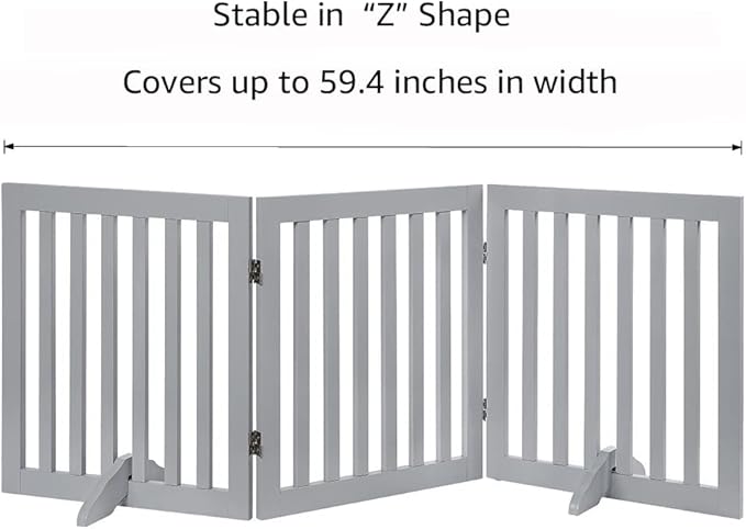 Unipaws Indoor 3 Panels Classic Freestanding Wooden Foldable Pet Gate with Support Feet - Grey, 20" W x 24" H