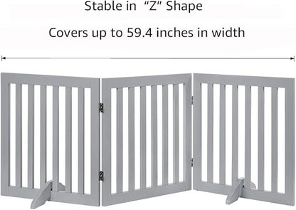 Unipaws Indoor 3 Panels Classic Freestanding Wooden Foldable Pet Gate with Support Feet - Grey, 20" W x 24" H