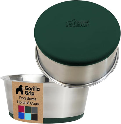 GORILLA GRIP Dog Bowls, Food Grade 304 Stainless Steel, Holds 8 Cups Each (64 fl oz) Food and Water Bowl for Feeding Dogs and Cats, Dishwasher Safe, Rust Resistant, BPA Free Rubber Base Set of 2 Green
