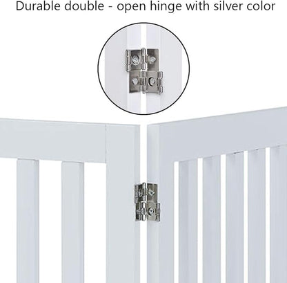 unipaws 24”H Free Standing Pet Gate for Dog Cat, Wooden Gates for Doorway, Stairs, Step Over Foldable Pet Fence for The House, Expandable Dog Barrier, Indoor Use, White