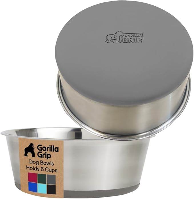 GORILLA GRIP Dog Bowls, Food Grade 304 Stainless Steel, Holds 6 Cups Each (48 fl oz) Food and Water Bowl for Feeding Dogs and Cats, Dishwasher Safe, Rust Resistant, BPA Free Rubber Base Set of 2 Gray