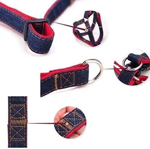 Hypeety Dog Denim Leash Harness Adjustable Heavy Duty Durable Dog Collar No-Pull for Training Walking Running, Good for Large Medium Small Dog (S (9.05"-12.99" Chest Girth))