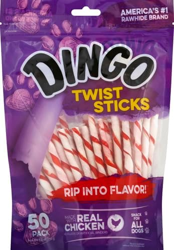 Dingo Twist Sticks, Premium Rawhide Treats for Dogs Made with Real Chicken, 50 Count (Pack of 2)