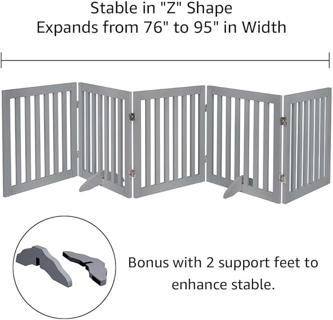 unipaws 24”H Free Standing Pet Gate for Dogs and Cats, Wooden Dog Gates for Doorway, Stairs, Dog Room Divider, Step Over Foldable Pet Fence for The House, Expandable Barrier, Indoor Use, Grey