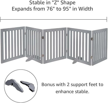 unipaws 24”H Free Standing Pet Gate for Dogs and Cats, Wooden Dog Gates for Doorway, Stairs, Dog Room Divider, Step Over Foldable Pet Fence for The House, Expandable Barrier, Indoor Use, Grey