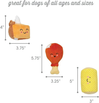 Pearhead Pet Thanksgiving Dinner Dog Toys - Slice of Pumpkin Pie, Turkey Leg, and Corn Cob Plush with Squeakers, Set of 3