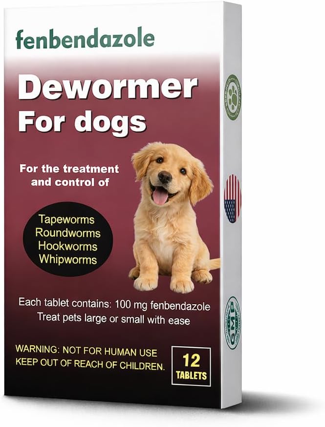 Dewormer for Dogs, Fenbendazole for All Wormers, Hookworms, Tapeworms, Whipworms and Roundworms, 12 Count