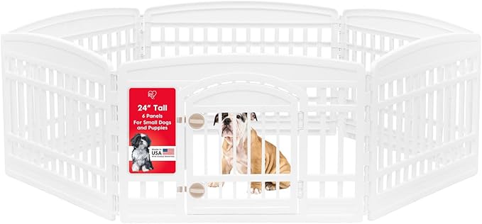 IRIS USA Dog Playpen with Door, 24” 6 Panel Pet Exercise Pen – Indoor Outdoor Puppy Play Pen, Portable Plastic Pet Fence for Small Medium Dogs, Foldable 61” x 61” x 24”, White