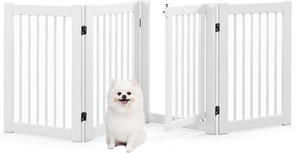 Giantex Dog Gate with Door - 30''H × 80''W Wooden Pet Gate with Walk Through Door, Foldable Freestanding 4 Panels Pet Safety Fence Extra Wide for Doorway Stairs House Deck Yard, White