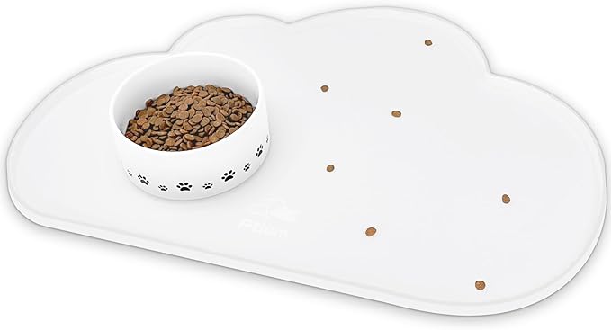 Ptlom Pet Placemat for Dogs and Cats, Non-Slip Waterproof Dog Feeding Mats Prevent Food and Water Overflow, Puppy Bowl Mat Suitable for Small, Medium and Large Pets, Silicone, White