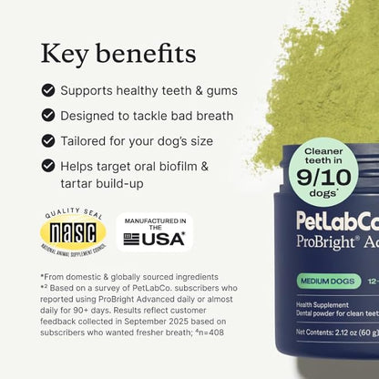 PetLab Co. ProBright Advanced Dental Powder - Dog Breath Freshener - Teeth Cleaning Made Easy – Targets Tartar & Bad Breath - Packaging May Vary - Formulated for Medium Size Dogs