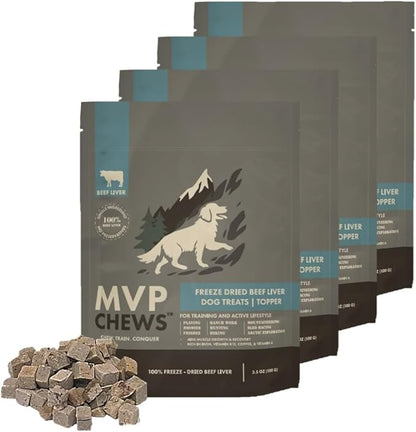 MVPChews | Freeze Dried Beef Liver Dog Treats | Single Ingredient Training Treats | High Protein, Grain Free, No Additives or Fillers | Premium Quality Food Topper | Made in USA - 3.5oz (Pack of 4)