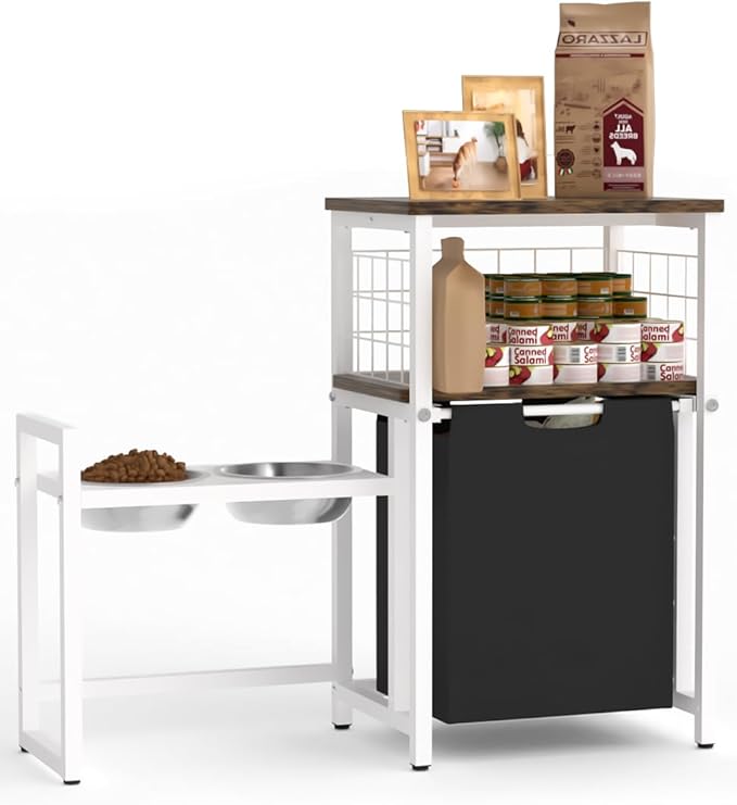 30.6Long x 26.2 High Elevated Dog Bowl Stand with Pet Food Storage Organizer, Adjustable Raised Feeding Station with Toy Basket for Large Medium Small Dogs and Cats, White