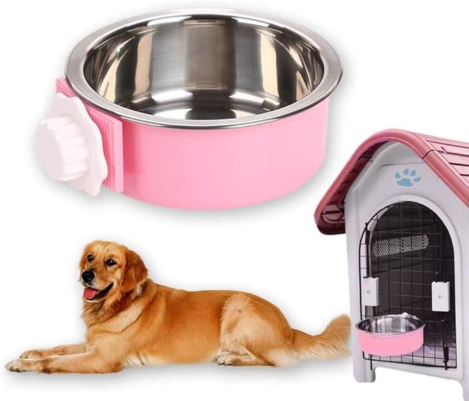 Andiker Pet Bowl 2-in-1 Removable Stainless Steel Food Bowl for Puppy/Cat, Hanging Cage Large Water Food Feeder for Dogs Cats (Small, Pink)