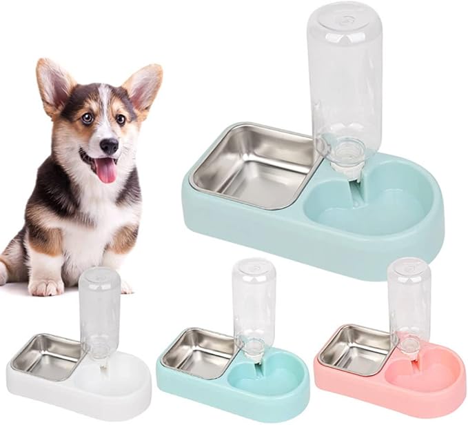 JiangYanus Crate Dog Bowl, Kennel Dog Food Water Bowl Set with Automatic Water Dispenser Detachable Stainless Steel Bowl, Hanging Pet Cage Feeder for Small Dogs Cat Puppies and Small Animals (Blue)