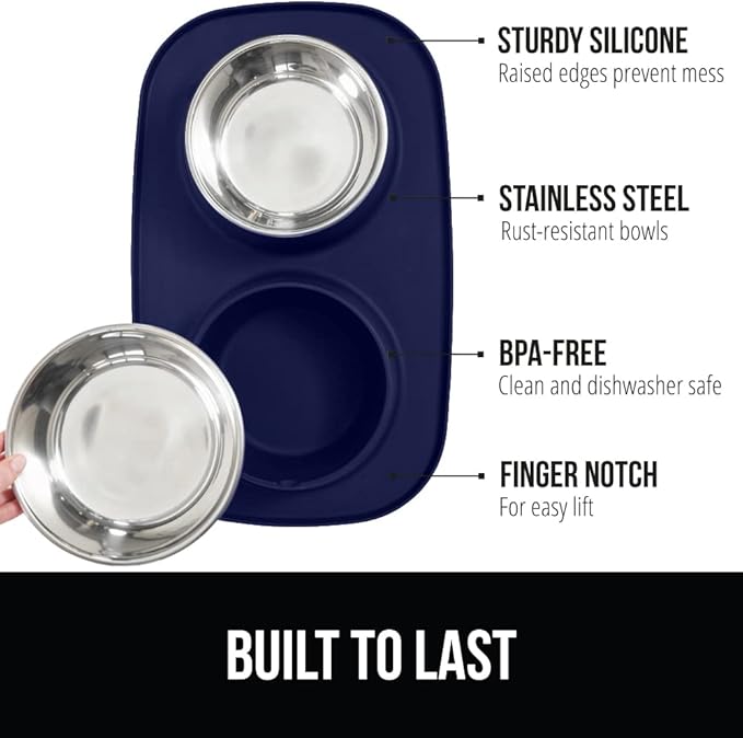 GORILLA GRIP Feeding Mat Bowl Set, 100% Waterproof BPA Free Silicone, 304 Stainless Steel Cat and Dog Bowls for Food and Water, Slip Resistant, High Edge, US Designed, Patent Pending, 1 Cup Navy Blue