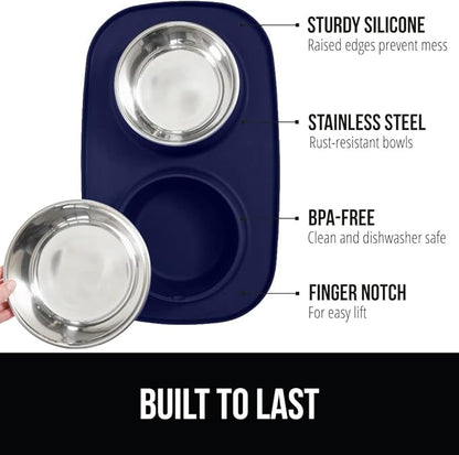 GORILLA GRIP Feeding Mat Bowl Set, 100% Waterproof BPA Free Silicone, 304 Stainless Steel Cat and Dog Bowls for Food and Water, Slip Resistant, High Edge, US Designed, Patent Pending, 1 Cup Navy Blue