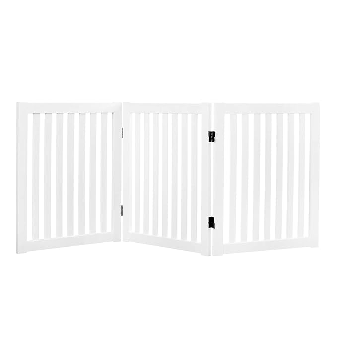 WELLAND Wooden Freestanding Pet Gate, 24 Inch 3 Panel Step Over Fence, Expands Up to 60" Wide, Foldable Indoor Dog Gate Puppy Safety Fence, White