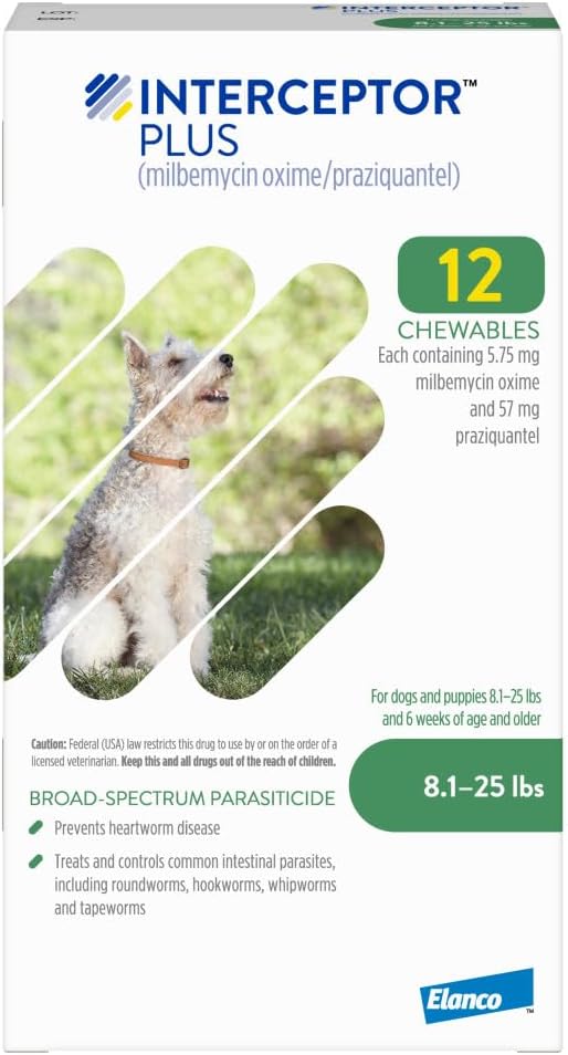 Interceptor Plus Prevention for Heartworm + 4 Other Worms for Dogs 8.1-25 lbs. | 12 Chews, 12-Month Supply