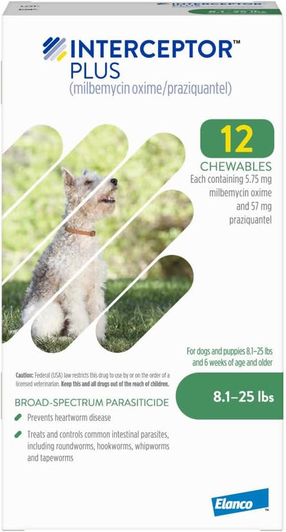 Interceptor Plus Prevention for Heartworm + 4 Other Worms for Dogs 8.1-25 lbs. | 12 Chews, 12-Month Supply