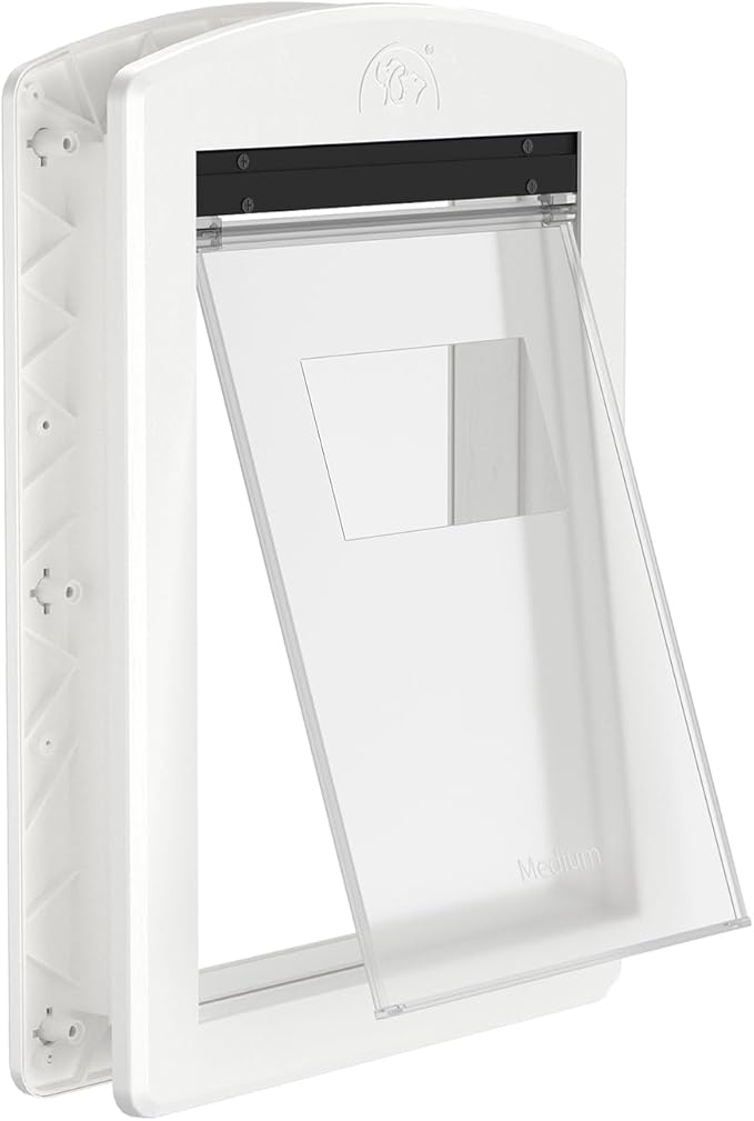 Dog Door with Rigid Flap, Heavy Duty Pet Door for Medium & Large Dogs, Sturdy Plastic Doggy Door & Cat Door with Sliding Lock Panel (White, Medium)