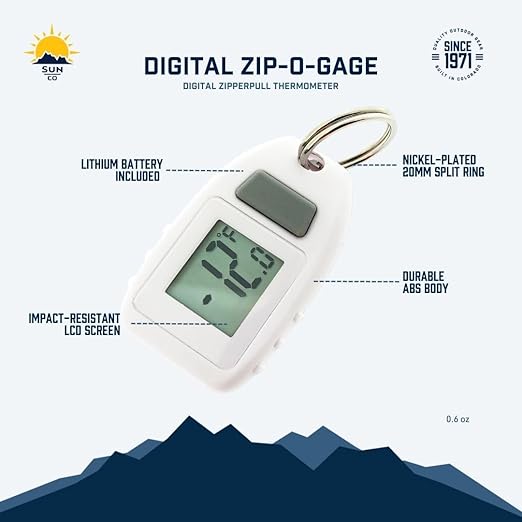 Sun Company Digital Zipogage - Compact Zipperpull Digital Thermometer | for Skiing, Snowboarding, Cold-Weather Camping, Snowshoeing, or Any Outdoor Activity