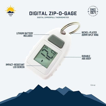 Sun Company Digital Zipogage - Compact Zipperpull Digital Thermometer | for Skiing, Snowboarding, Cold-Weather Camping, Snowshoeing, or Any Outdoor Activity