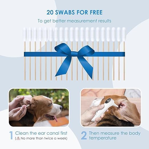 Pet Ear Thermometer for Dogs, Cats, and Livestock, Long Probe Designed, ℃/ ℉ Convert and Sound Switch Dedicated Button, 1 Second Measurement, 20 pcs Pet Swabs Included(White)
