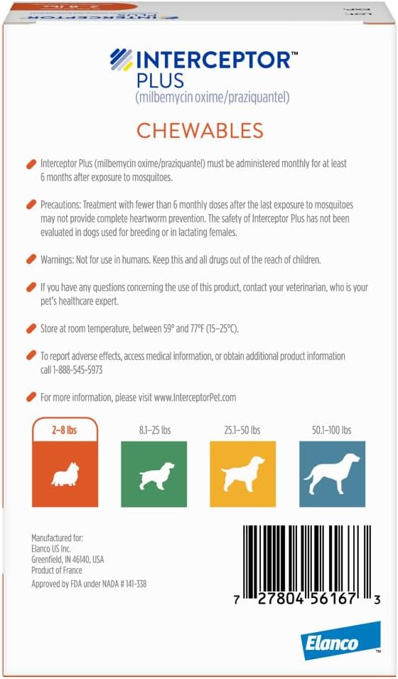 Interceptor Plus Prevention for Heartworm + 4 Other Worms for Dogs 2-8 lbs. | 6 Chews, 6-Month Supply