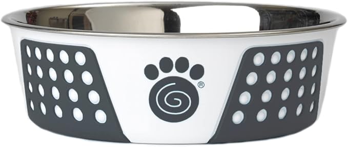 PetRageous 15002 Fiji Stainless Steel Non-Slip Dishwasher Safe Dog Bowl 6.5-Cup Capacity 8.5-inch Diameter 2.75-inch Tall for Large and Extra Large Dogs, White and Slate Blue