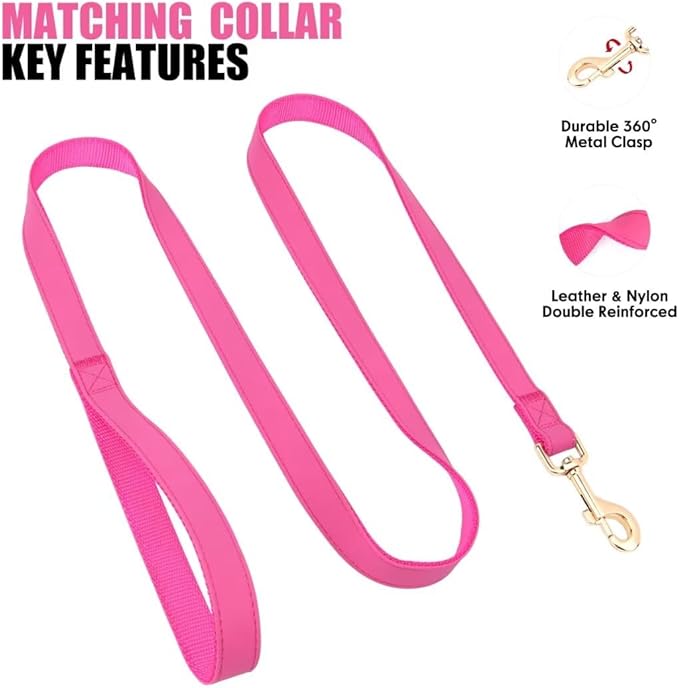 PET ARTIST Soft PU Leather Dog Collar and Leash Set, Bright & Stylish 5FT PU Leather Leash and Collar Set, Durable Pet Collars with Quick Release Metal Buckle for Large Dogs,Hot Pink,L(16-27")
