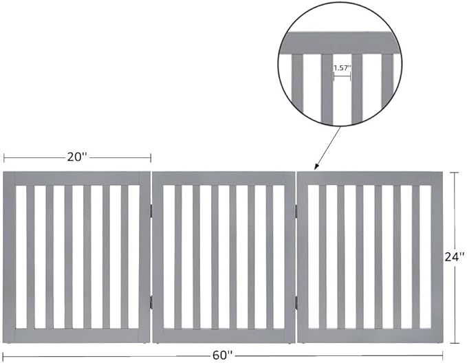 Unipaws Indoor 3 Panels Classic Freestanding Wooden Foldable Pet Gate with Support Feet - Grey, 20" W x 24" H